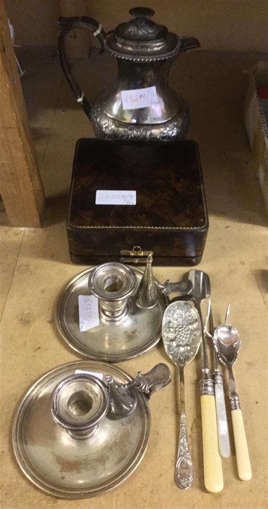 Pair of Sheffield chambersticks, hot water jug and 5 other items including silver overlaid bowl and spoon